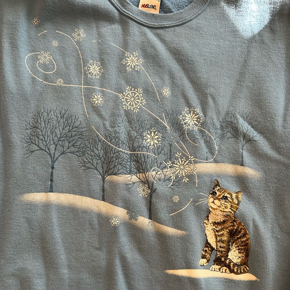 Vintage Jerzees Crewneck Sweatshirt Womens Large Blue Cat with Snowflakes - Picture 10 of 12